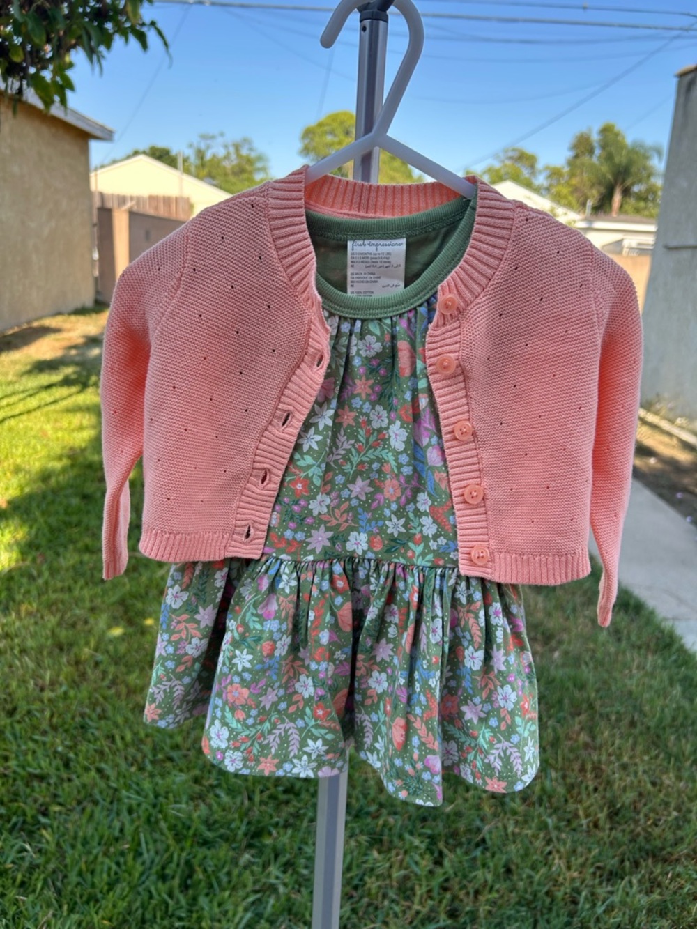 First Impressions Pink Cardigan with Green Floral Dress Set